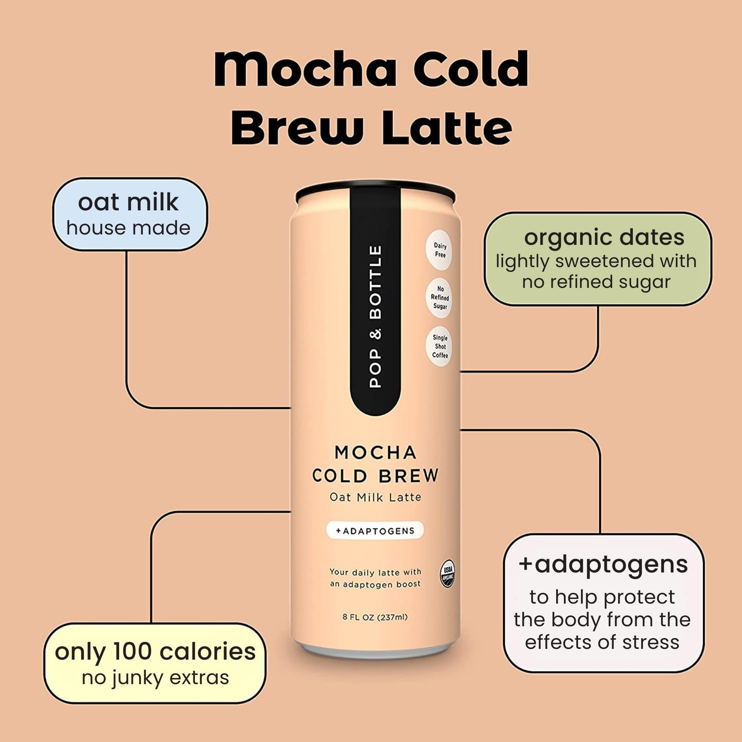 Pop & Bottle, Oat Milk Lattes - Cold Brew With Adaptogens, Maca, Ashwagandha, Mct Oil, Oat Milk, Organic, Dairy Free, Gluten Fre