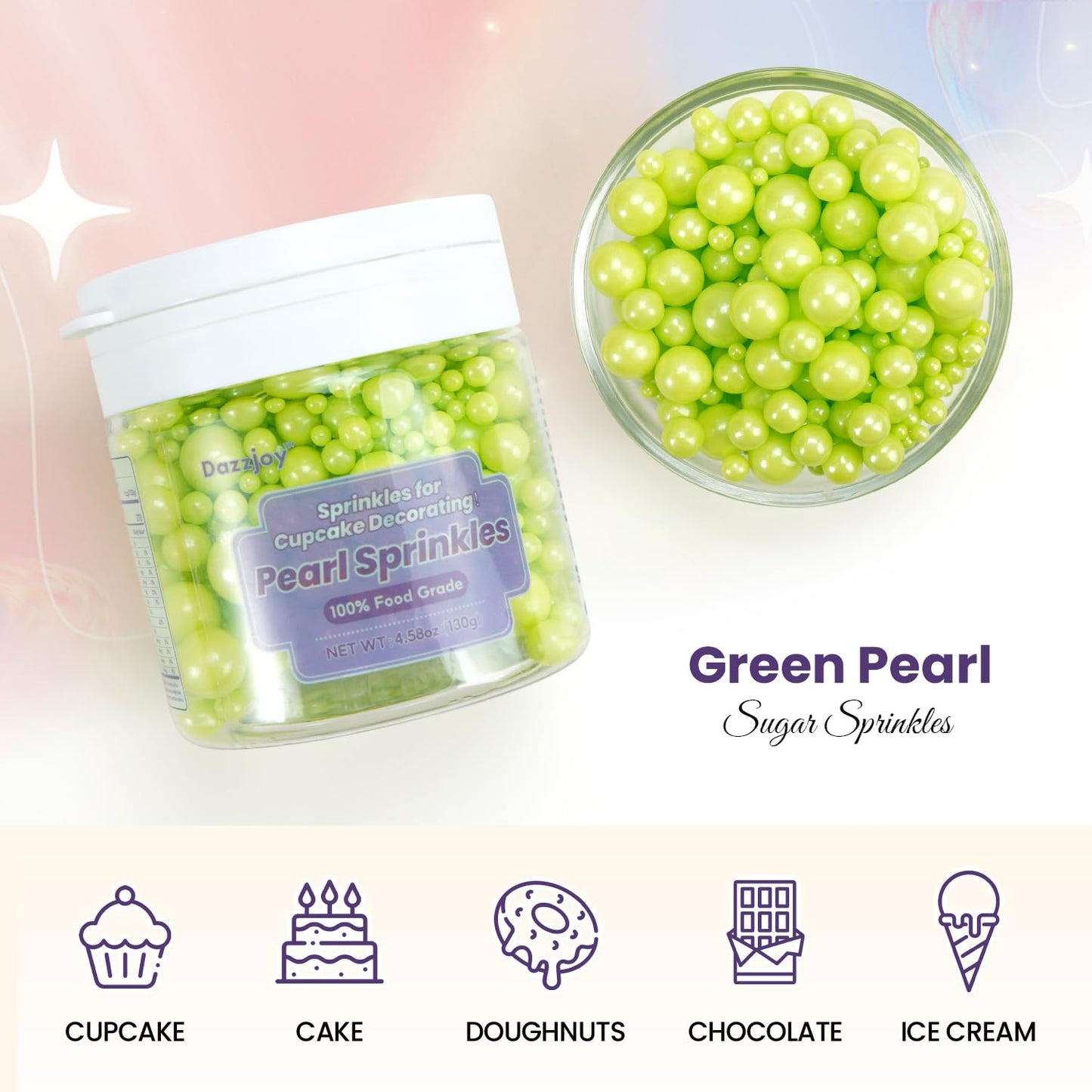 Dazzjoy Edible Green Pearl Sprinkles, Mix Size, 130G/4.58Oz, Cupcake Toppers, Cake Decorations, Ice Cream, Easter, Wedding Party