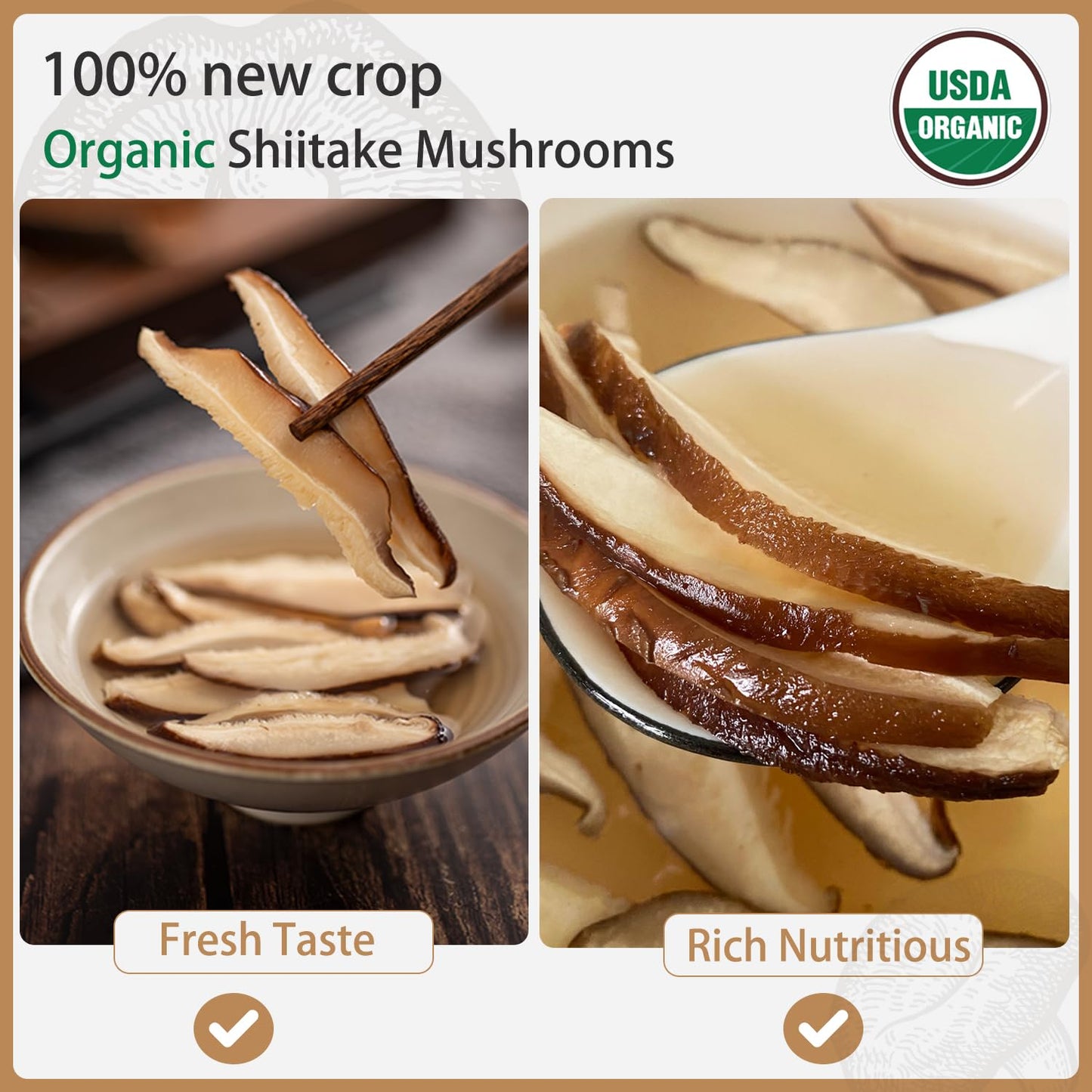 Vigorous Mountains Organic Shiitake Mushrooms Sliced, Great Size Fresh Texture Rehydrate Quickly, Dried Shiitake Mushrooms For C