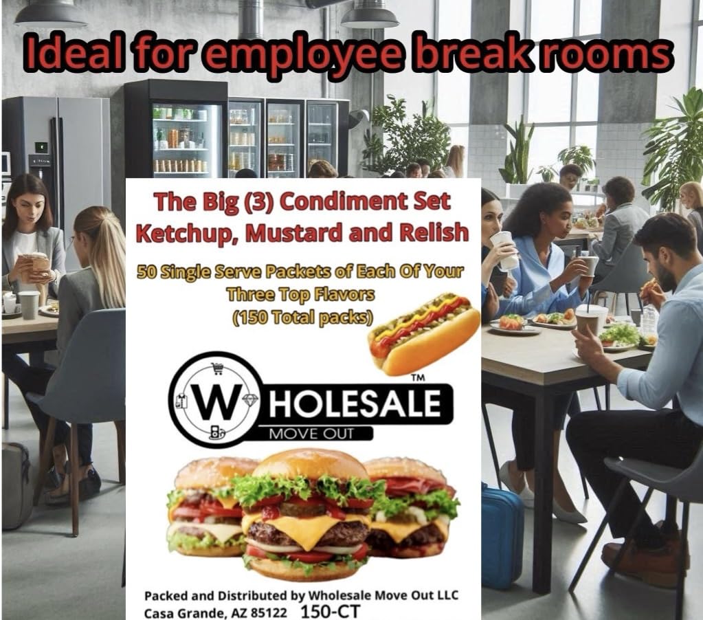 Wholesale Move Out Condiment Variety Pack, 150 Single Serve Packets, Ketchup Mustard Relish, 50 Each