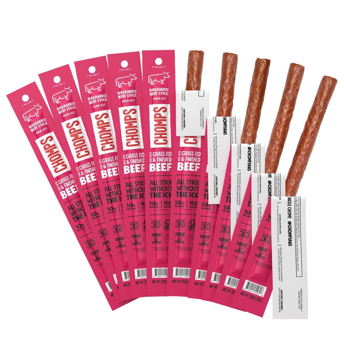 Chomps Spicy Habanero Beef Jerky Snack Sticks - Keto, Gluten-Free, 10g Protein, 10 Count