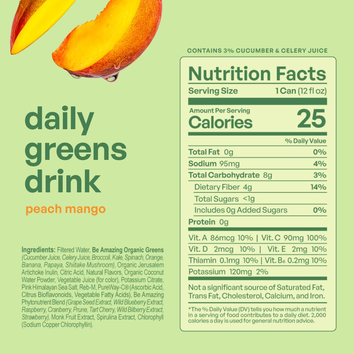 BE AMAZING Peach Mango Greens Drink - 10 Organic Fruits & Veggies, 12 oz (Pack of 8), Low Sugar, Vegan, Gluten Free, 25 Calories
