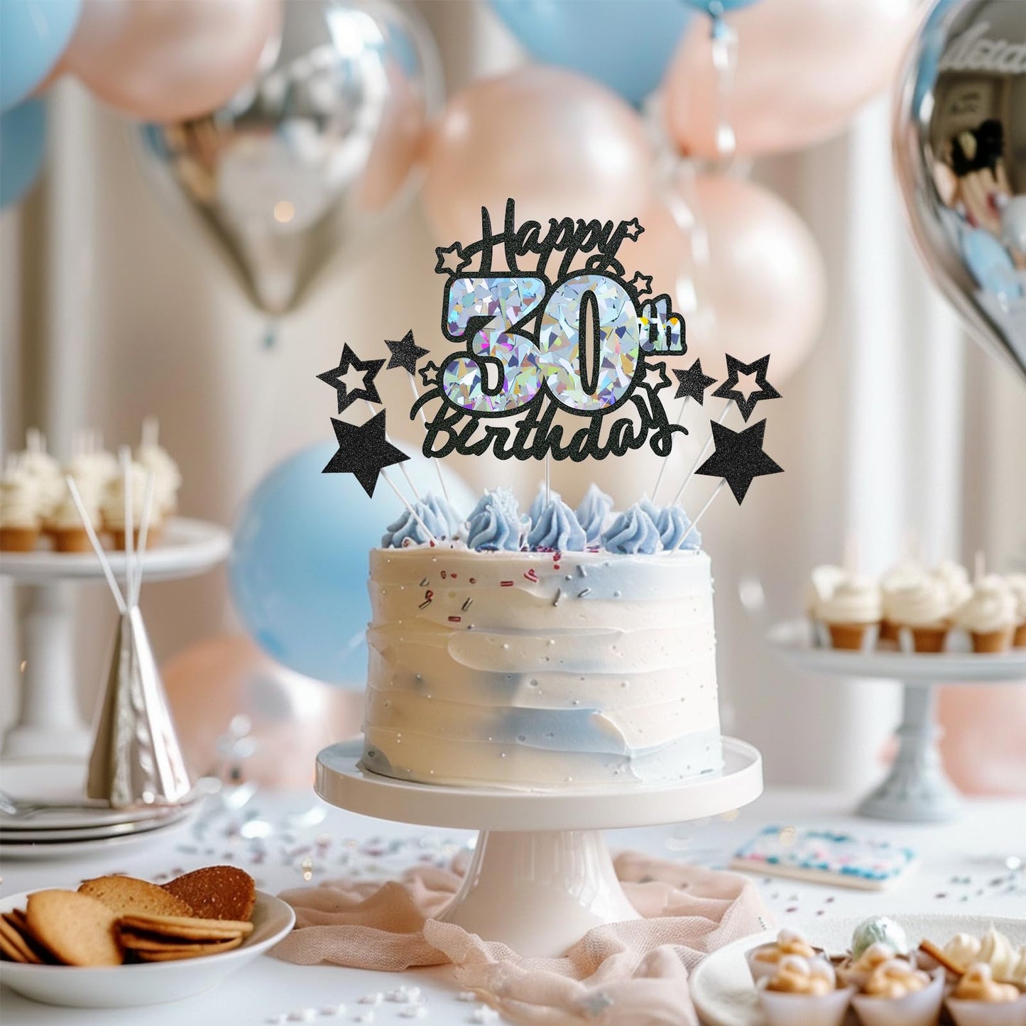 Happy 30Th Birthday Cake Topper, Black Glitter And Gem Patterns Card Stock Cake Toppers, 30 Year Birthday Party Cake Decoration
