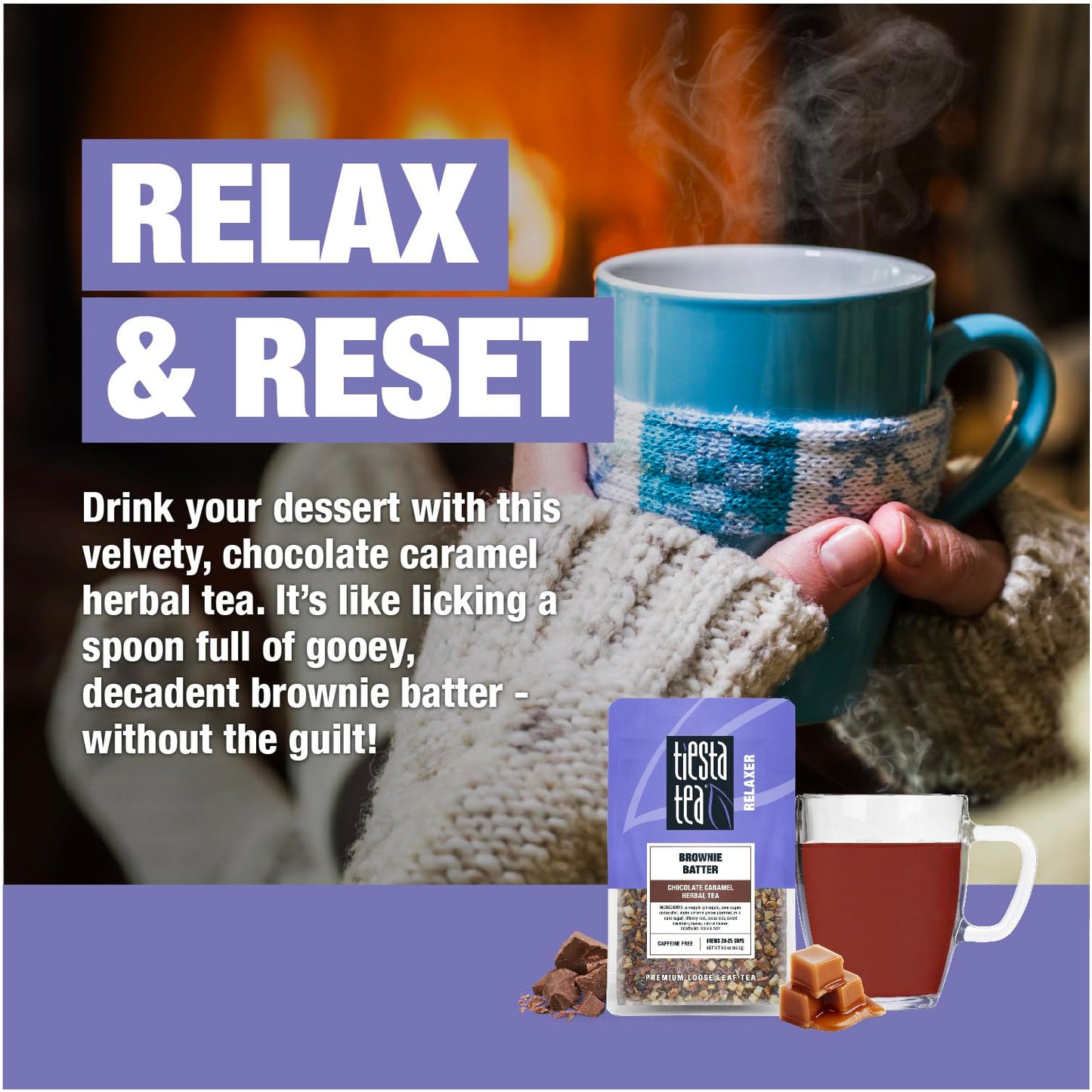 Tiesta Tea Brownie Batter Herbal Tea - Chocolate Caramel Blend, Non-Caffeinated, 3oz Resealable Pouch, Brews Up to 25 Cups