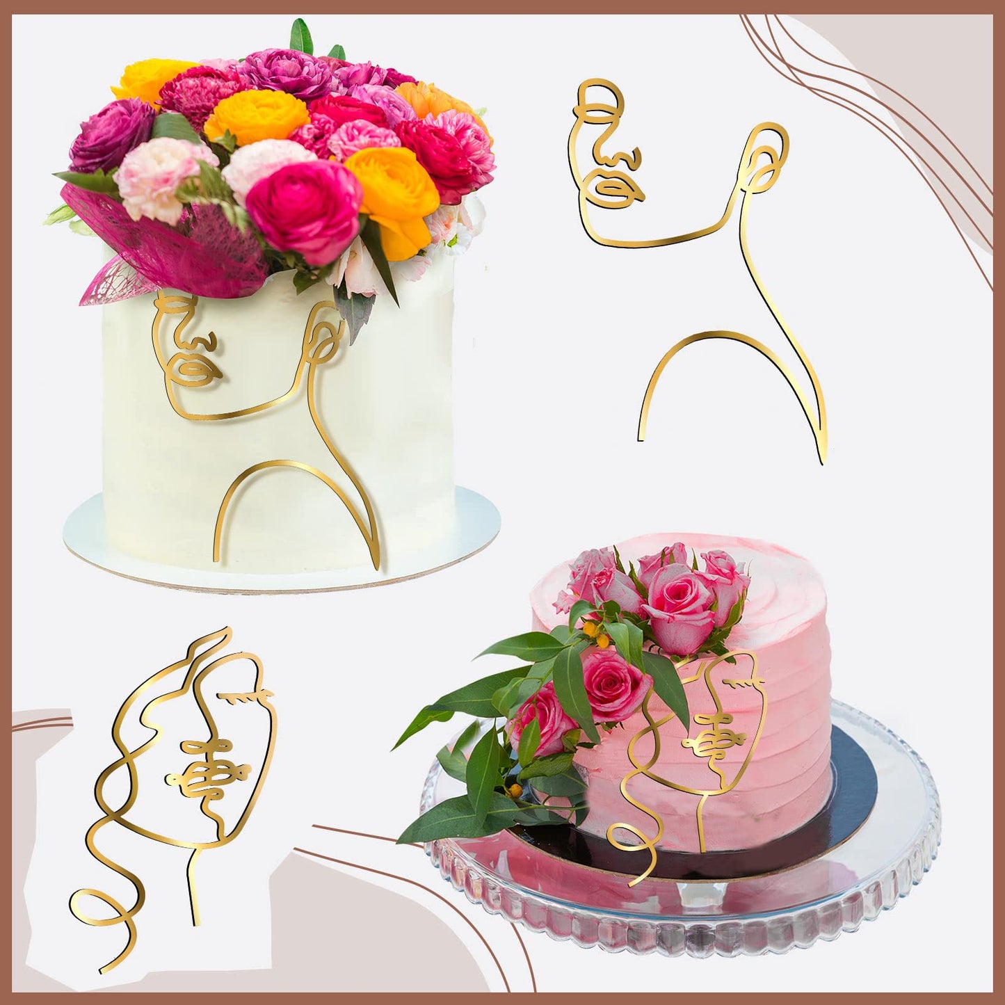 Marsui Cake Topper Set, 10 Pcs Acrylic Lady Face Toppers, 6.69 inches, Gold, Minimalist Design for Birthday and Wedding Decorations