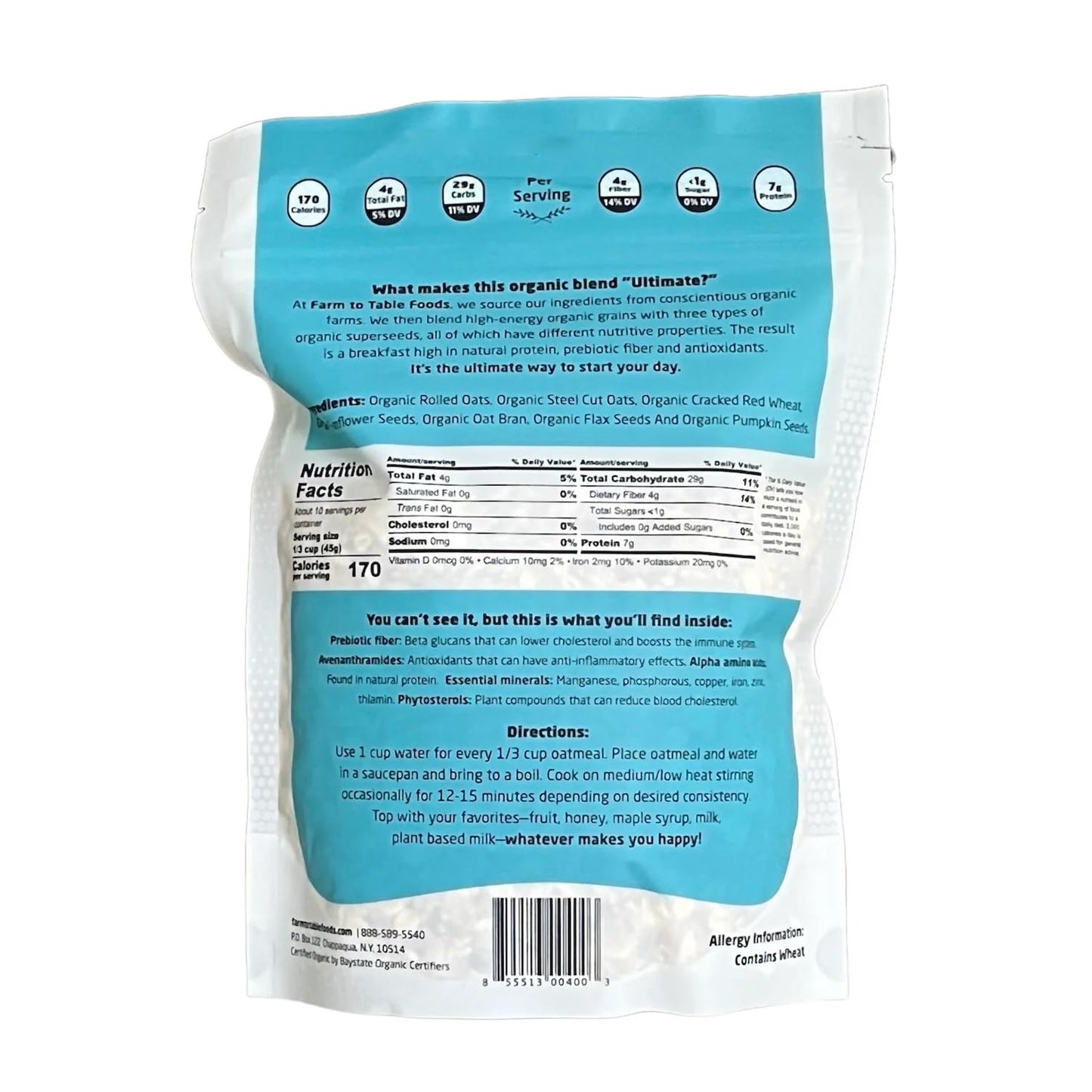Farm To Table Foods Ultimate Organic Whole Grain Oatmeal - High-Protein, Plant-Based, Unsweetened, Non-Gmo - 3-Pack (16 Oz. Bags