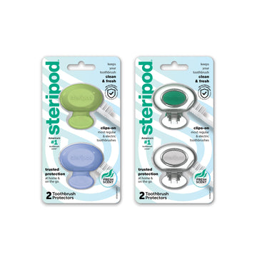Steripod Clip-On Toothbrush Protector, Keeps Toothbrush Fresh And Clean, Fits Most Manual And Electric Toothbrushes, Blue, Green