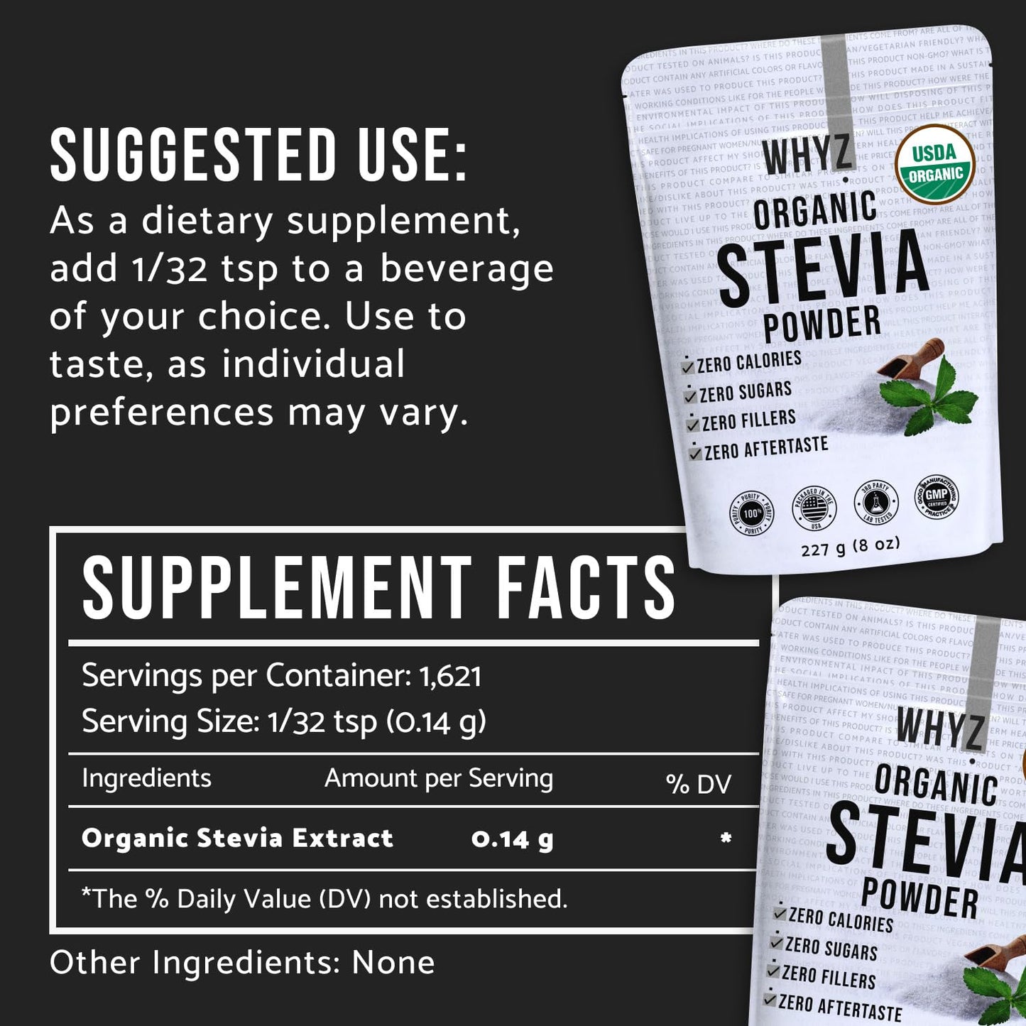 WHYZ Organic Stevia Powder, Zero Calorie Sweetener, Non-GMO, Keto Friendly, 8 oz