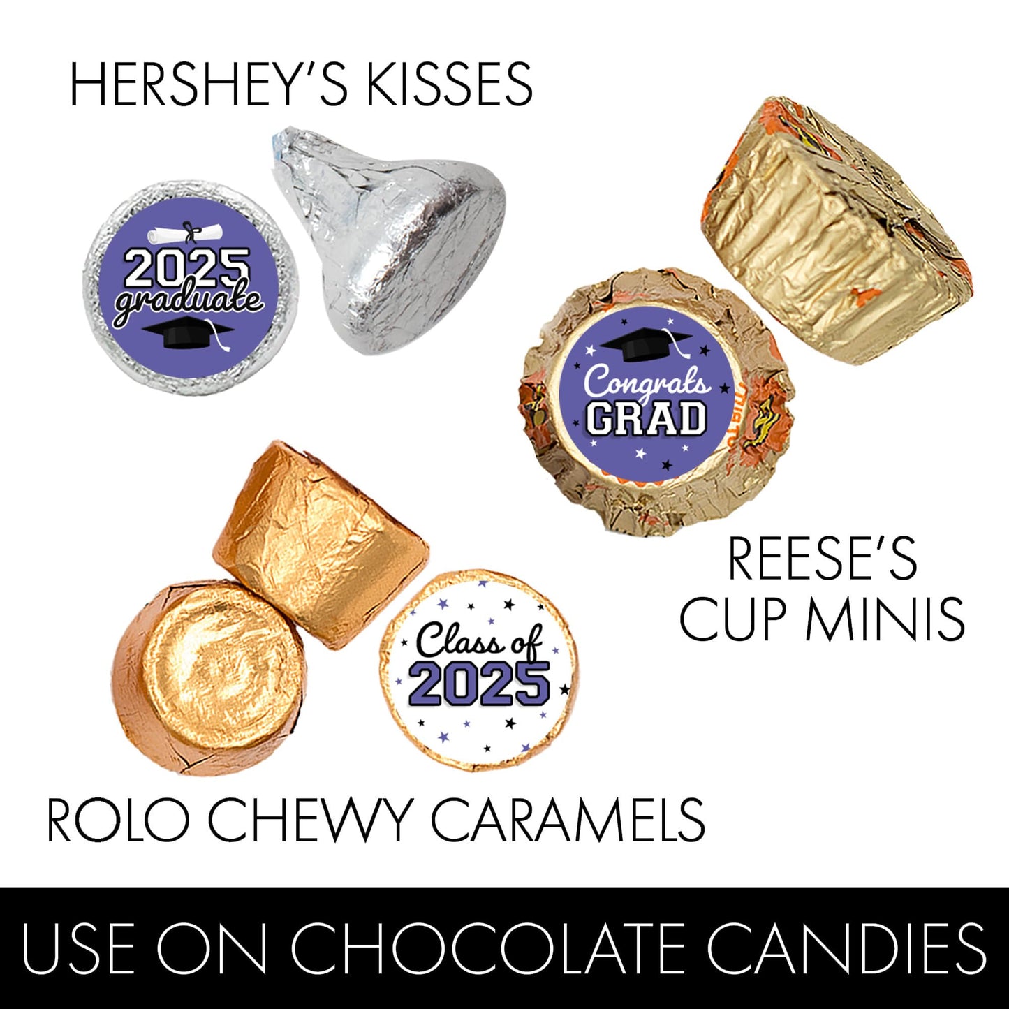 Purple Graduation Party Stickers For Kisses Candy, Chocolate Drops, 2025 Grad Party Favors - 180 Count