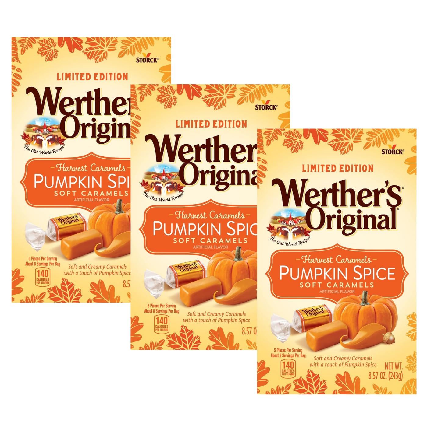 Werthers Original Harvest Pumpkin Spice Caramel Soft Candy - Soft and Creamy  Individually Wrapped  Perfect for Sharing  Delicious Fall Flavor  Old World Recipe - 8.57 Oz Bag (Pack of 3)
