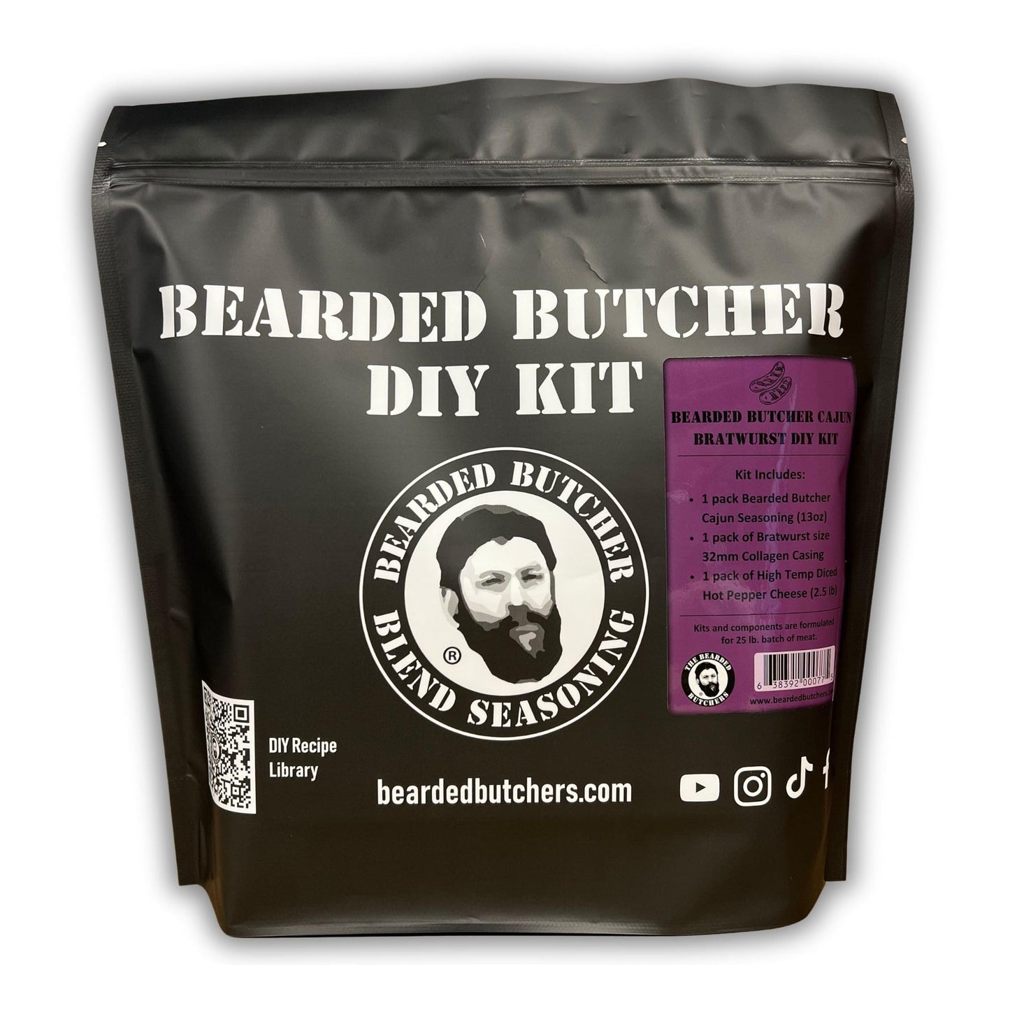 Bearded Butcher Cajun Bratwurst DIY Kit - Make Spicy Brats with Seasoning, Pepper Jack Cheese & Casings - Great for Pork, Beef & Venison