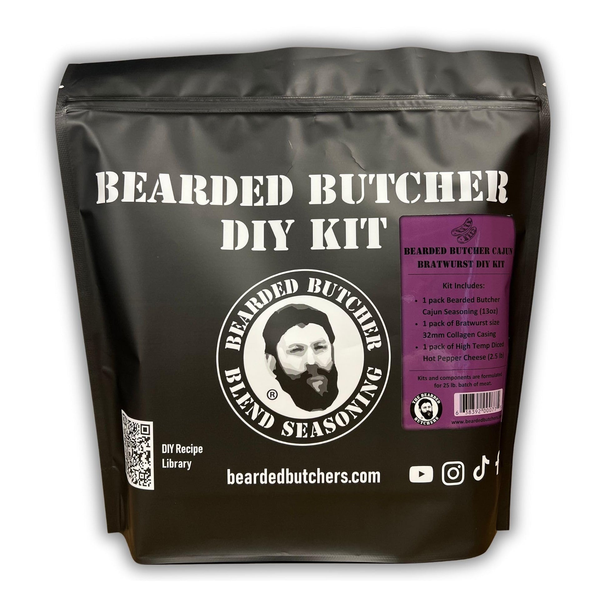 Bearded Butcher Cajun Bratwurst DIY Kit - Make Spicy Brats with Seasoning, Pepper Jack Cheese & Casings - Great for Pork, Beef & Venison