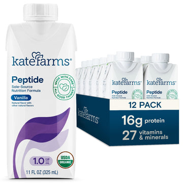 KATE FARMS Organic Adult Peptide 1.0 Formula, Vanilla, Sole-Source, Hydrolyzed Plant-Based Nutrition for Oral or Tube Feeding, 1