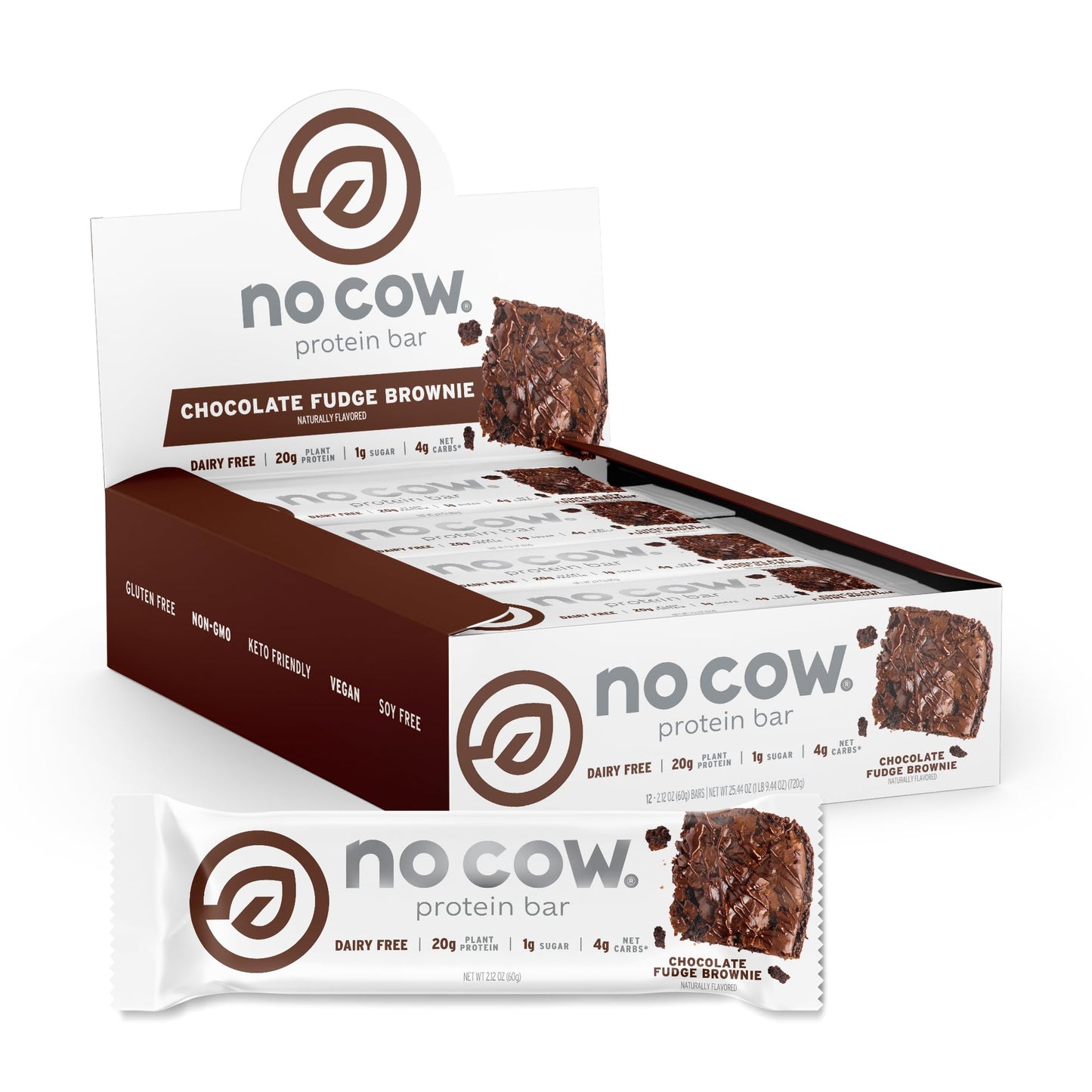 No Cow High Protein Bars, Chocolate Fudge Brownie - Healthy Snacks, 20G Vegan Protein, High Fiber, Low Sugar, Keto Friendly, Dai