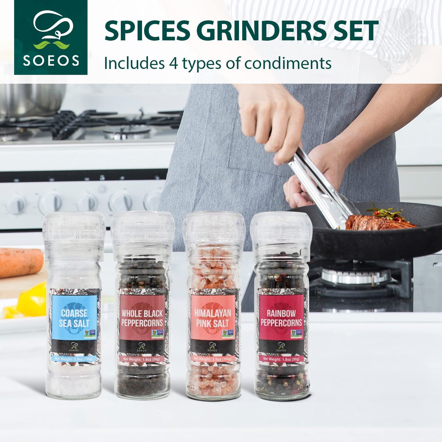 Soeos Black Peppercorns + White Sea Salt + Rainbow Peppercorns + Pink Salt, 10.6oz (300.50g), Salt and Pepper Set, Spice Grinder