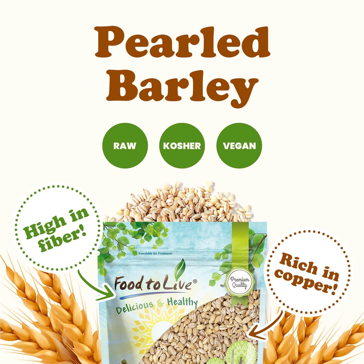 Food to Live - Pearl Barley, 5 Pounds Processed Hulled Barley, Cereal Grain, Kosher, Vegan, Bulk. Cooks Faster than Hulled Barle