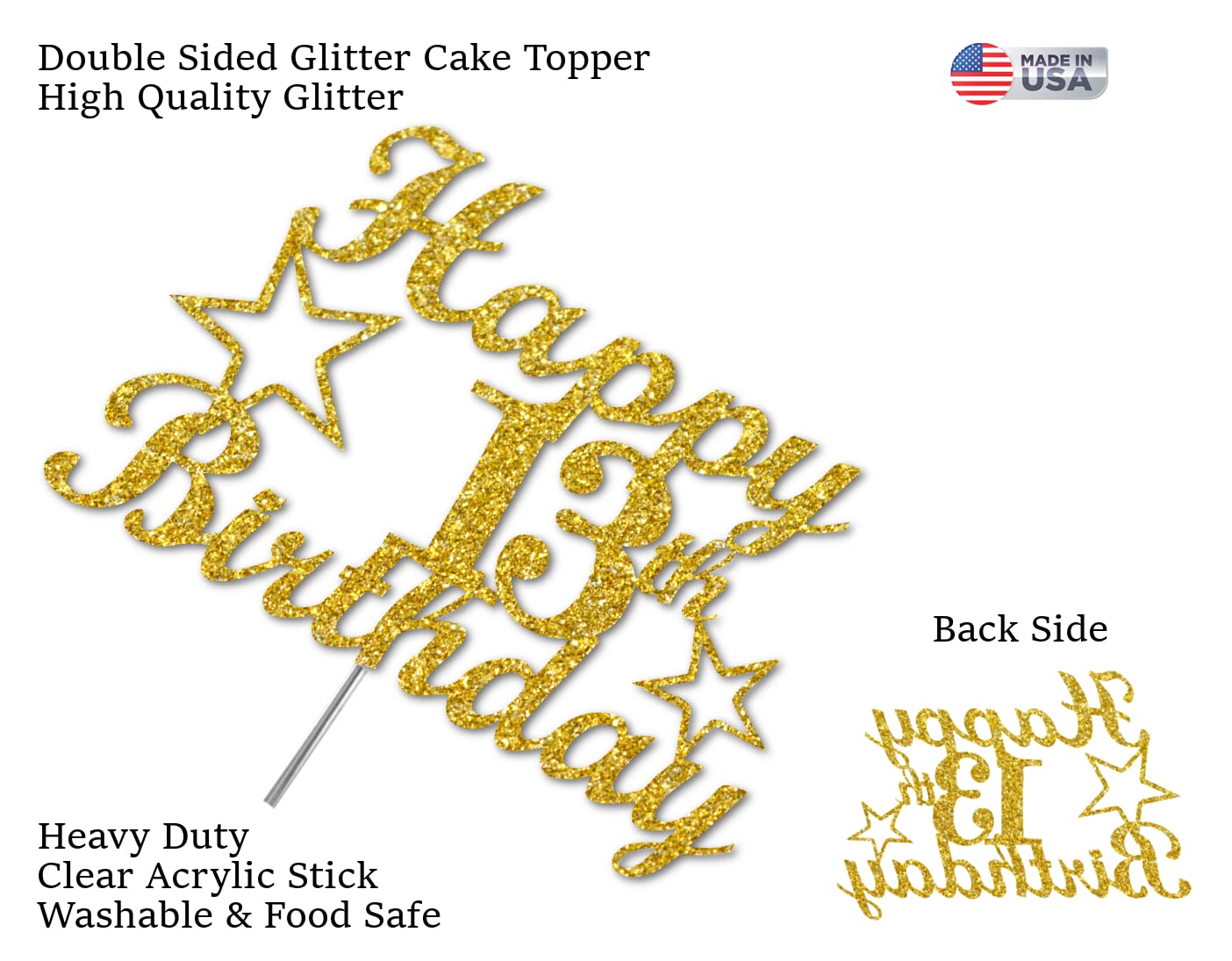 13 Birthday Cake Topper Gold Glitter, Party Decoration Ideas, Premium Quality, Sturdy Doubled Sided Glitter, Acrylic Stick. Made