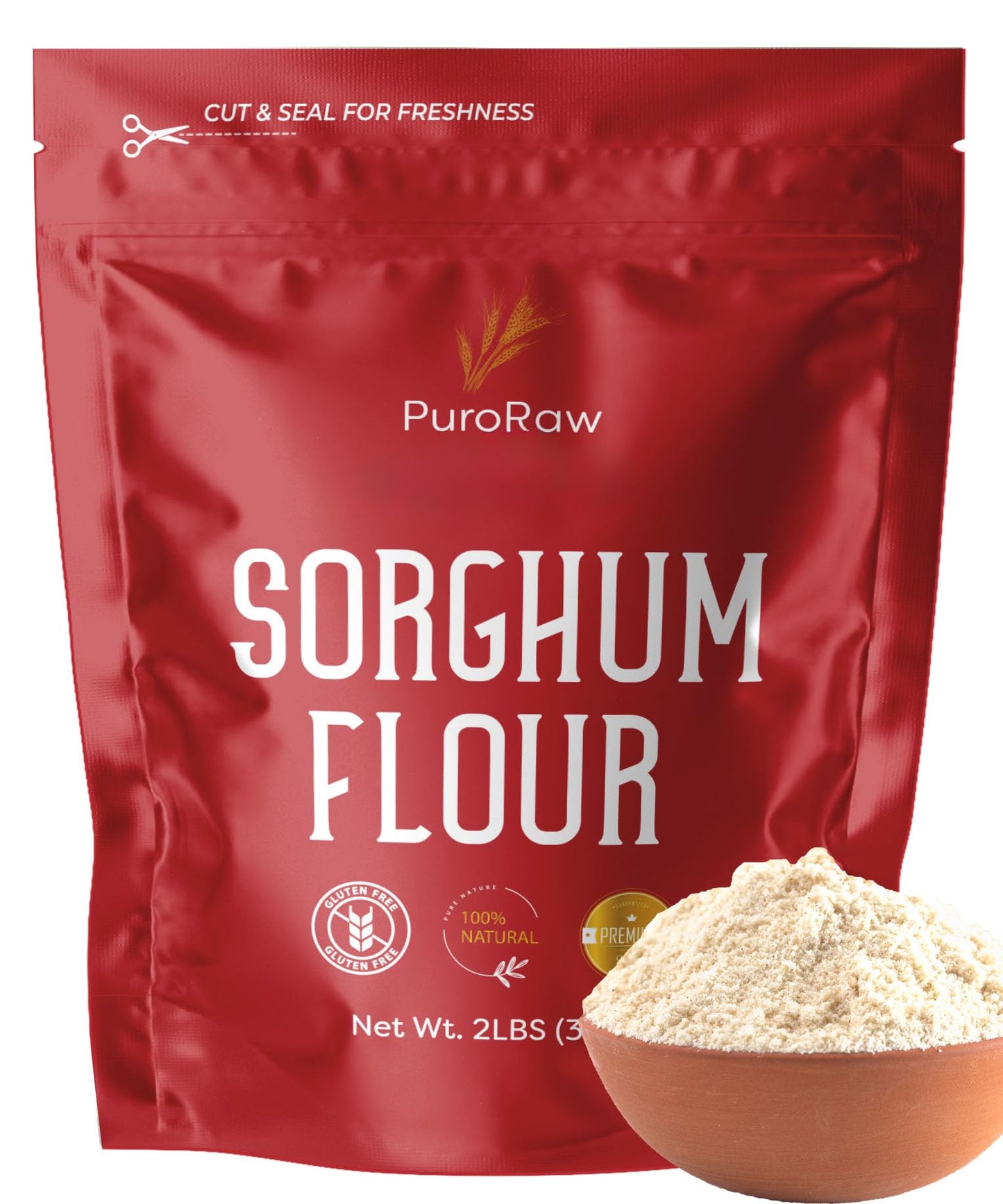 PuroRaw Sorghum Flour, Gluten Free, Whole Grain, 2 lbs, Sweet White Jowar Flour