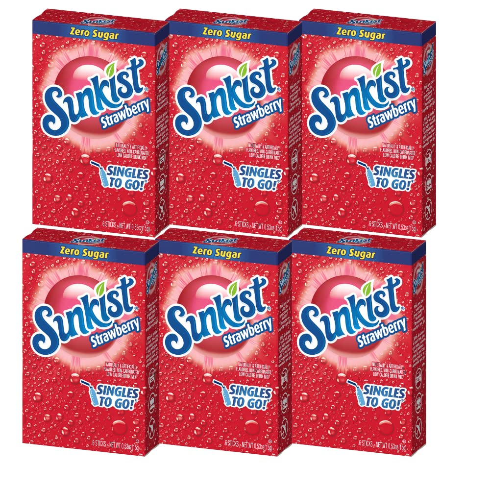 SINGLES TO GO! Sunkist Singles-To-Go Drink Mix Strawberry, Zero Sugar, Low-Calorie, 6 Pack, 1 Ounce Each
