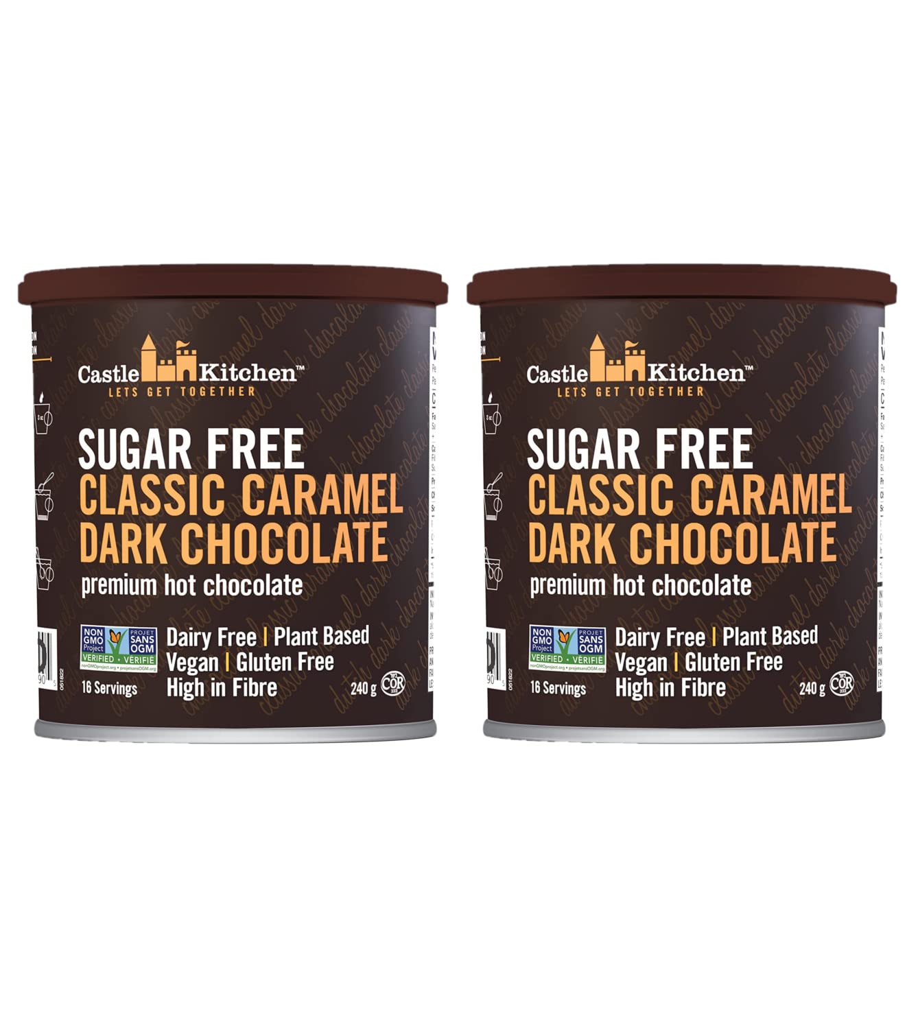 Castle Kitchen Sugar Free Caramel Dark Hot Chocolate (2 Pack) Top-Grade Plant Based  Dairy Free  Gluten-Free  Vegan Hot Coca Mix - Just Add Water - 14 Oz Can