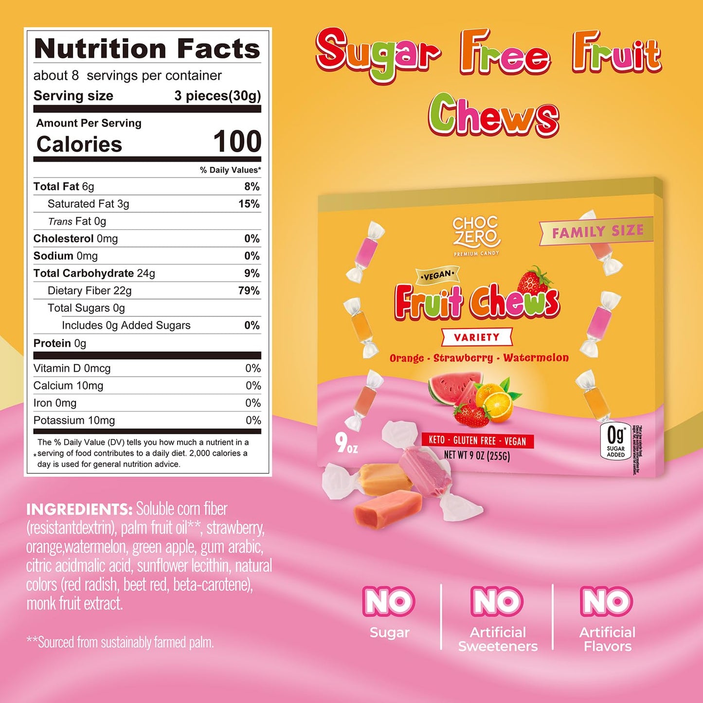 Choczero Fruit Chew Candy Variety Pack, Sugar Free, Vegan, Keto, All Natural, Orange Strawberry And Watermelon Fruit Chews, 9 Ou
