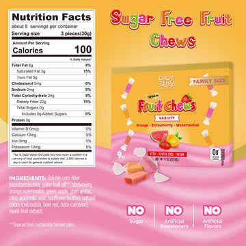 Choczero Fruit Chew Candy Variety Pack, Sugar Free, Vegan, Keto, All Natural, Orange Strawberry And Watermelon Fruit Chews, 9 Ou