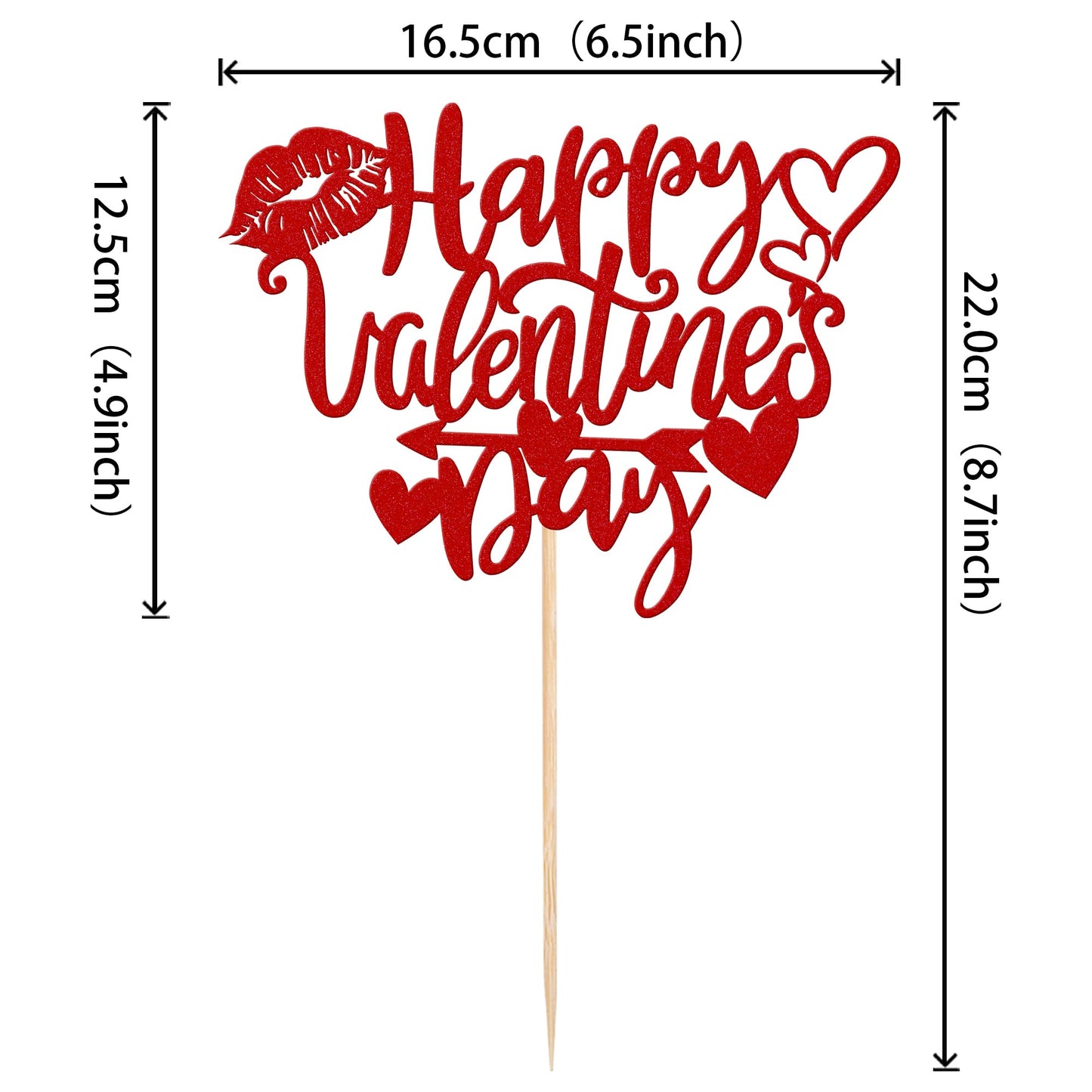 Rssta i Valentine’s Day Cake Topper, Glitter Love Heart Lips, Cupids Arrow, Red, Model XM232-red