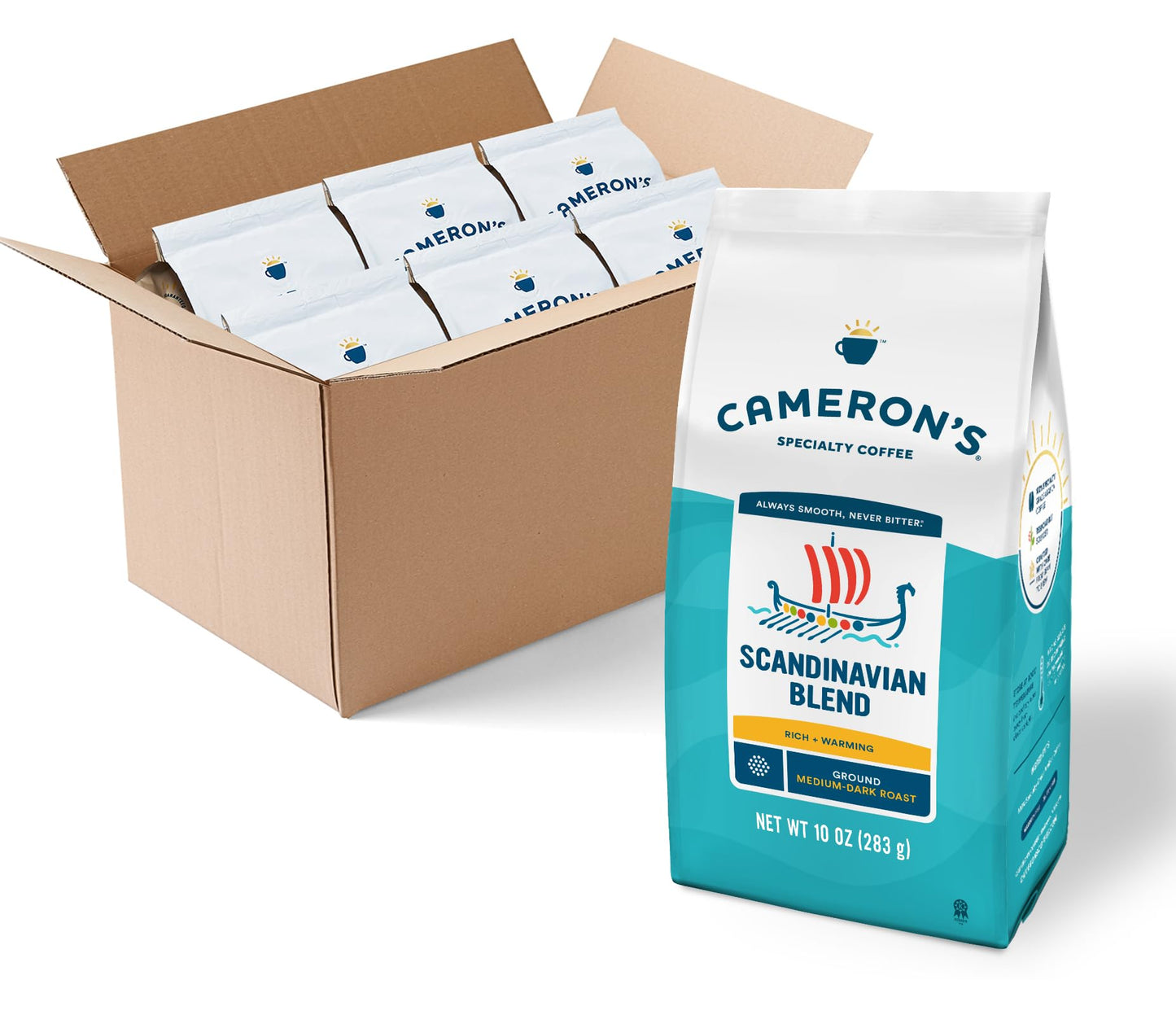 Camerons Coffee Scandinavian Blend Ground Coffee, Medium-Dark Roast, 100% Arabica, 10-Ounce Bag, Pack of 6