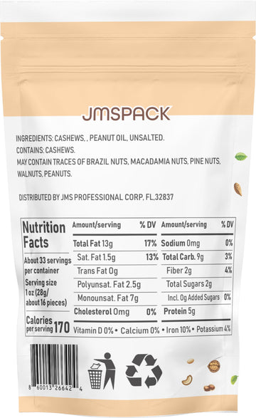JMSPACK Whole Cashews, Unsalted, 16 Ounces (1 Lb)