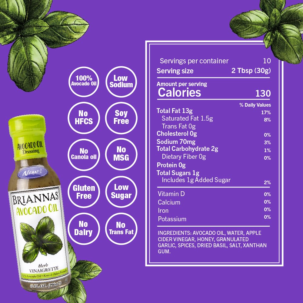 BRIANNAS Avocado Oil Herb Vinaigrette Dressing, Low Sodium, Keto & Paleo, 10 Fl Oz, Pack of 6