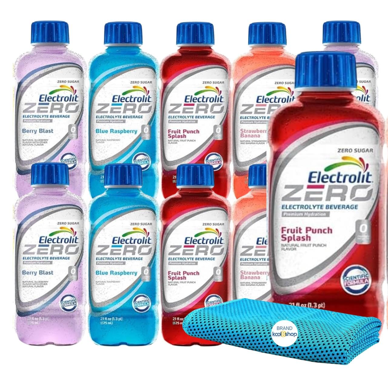 Electrolit Zero Variety Pack Hydration Drink with Electrolytes 21 fl oz Plastic Bottle 10 Pack + 1 Microfiber Cooling Towel by K