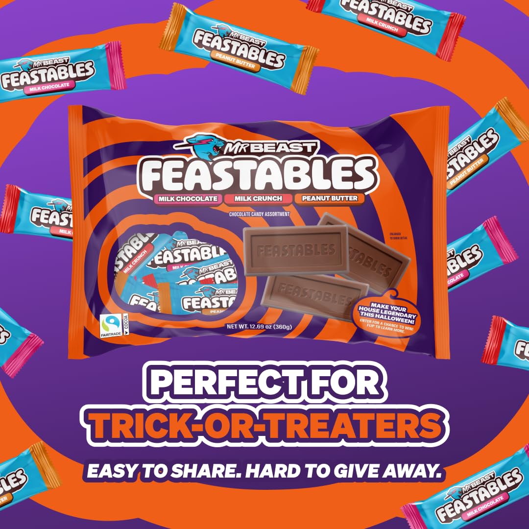 Feastables Mrbeast Halloween Candy Variety Pack With Milk Chocolate  Peanut Butter  & Milk Crunch Mini Bars  Trick or Treat Chocolate Bar Snacks or Party Favors  Fairtrade Cocoa  12.69 Oz Bags  4 Pack