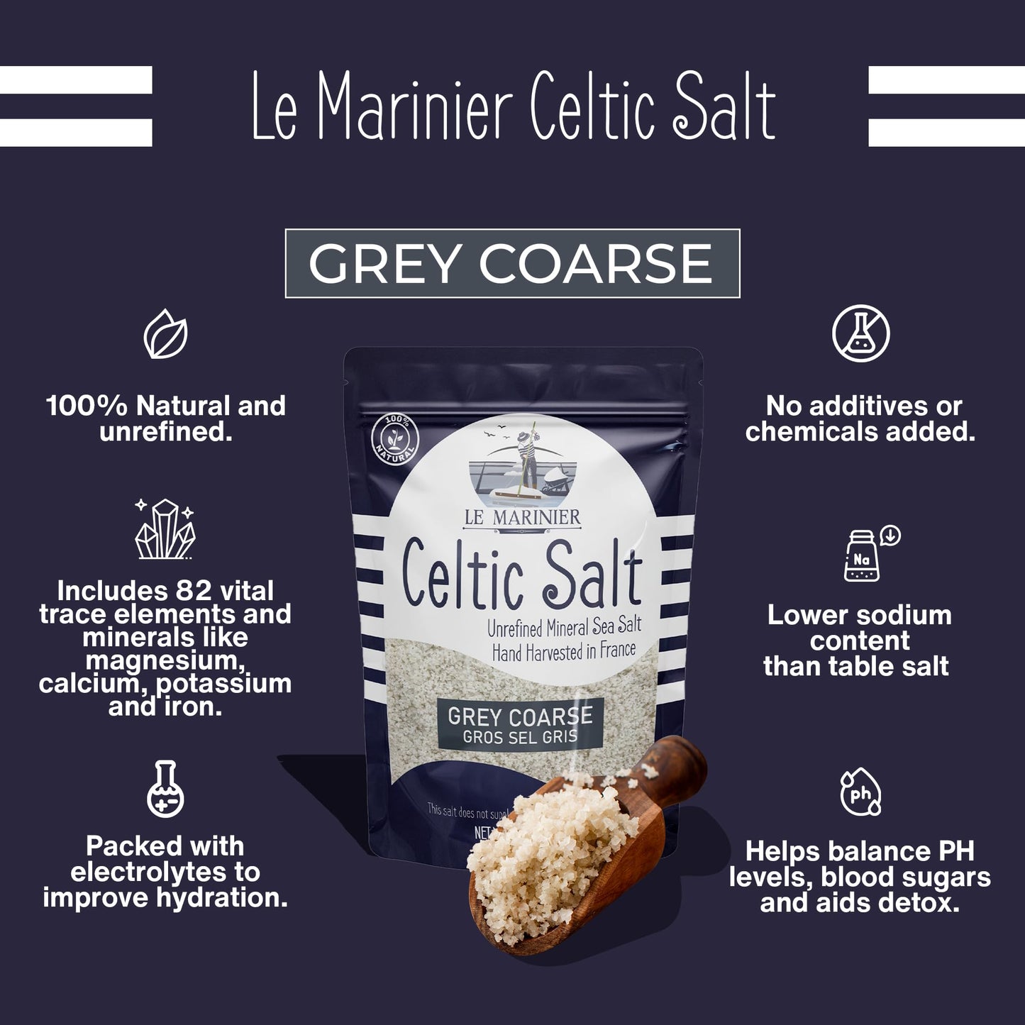 Le Marinier French Sea Salt Grey Coarse, 1.1lb (18oz) - 100% Natural, Unrefined, Hand Harvested Mineral Salt, Sel Gris