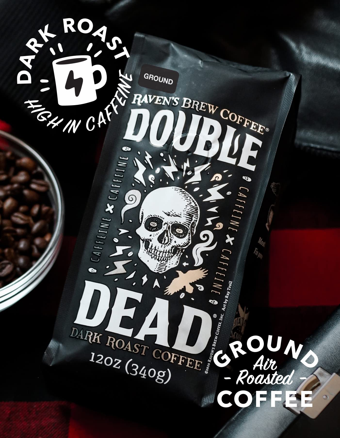 Raven’s Brew Coffee Double Dead Dark Roast Ground Coffee, High Caffeine, 12 oz