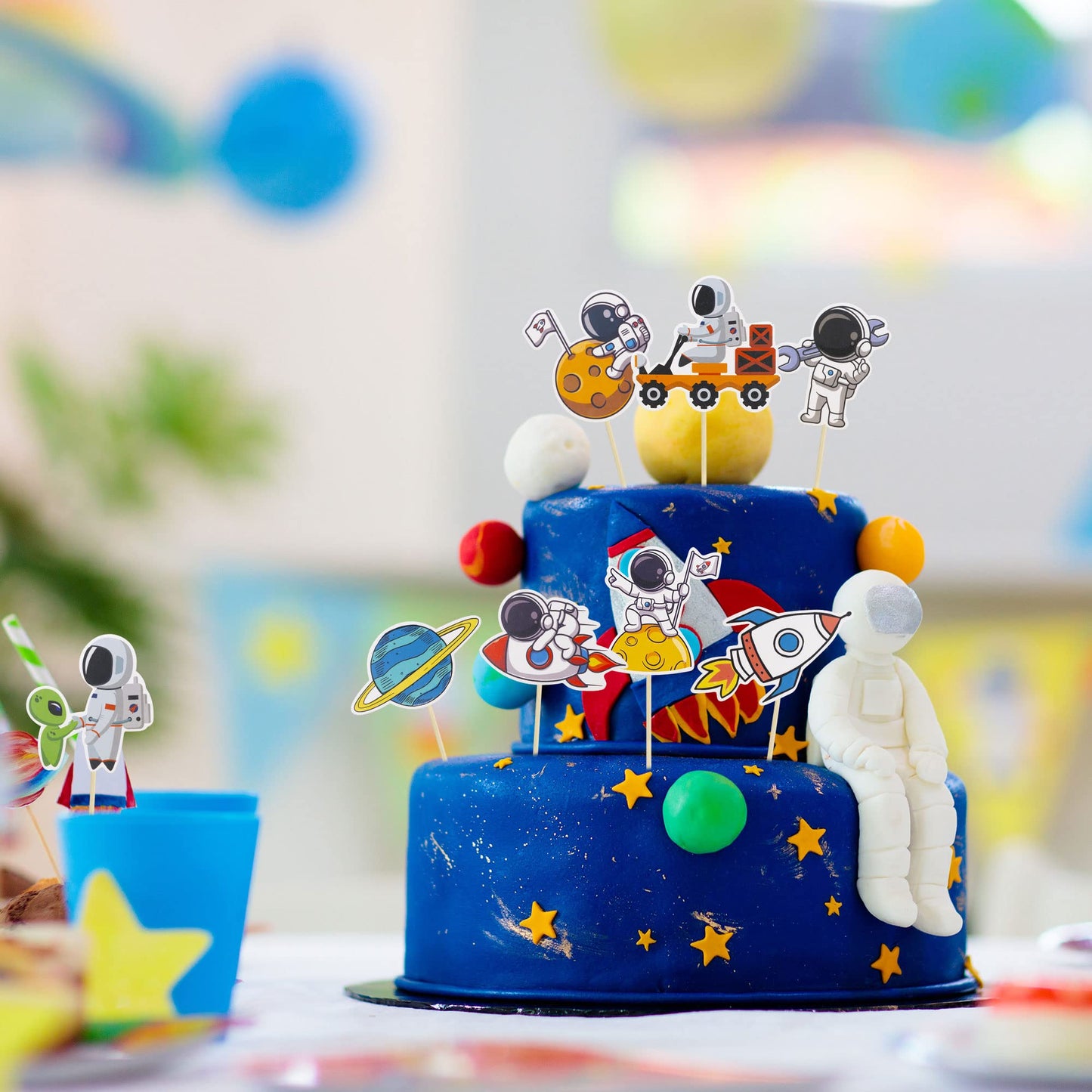 Gyufise 40Pcs Space Astronaut Cupcake Toppers Rocket Planet Trip To The Moon Cupcake Picks Decorations For Baby Shower Boys Girl