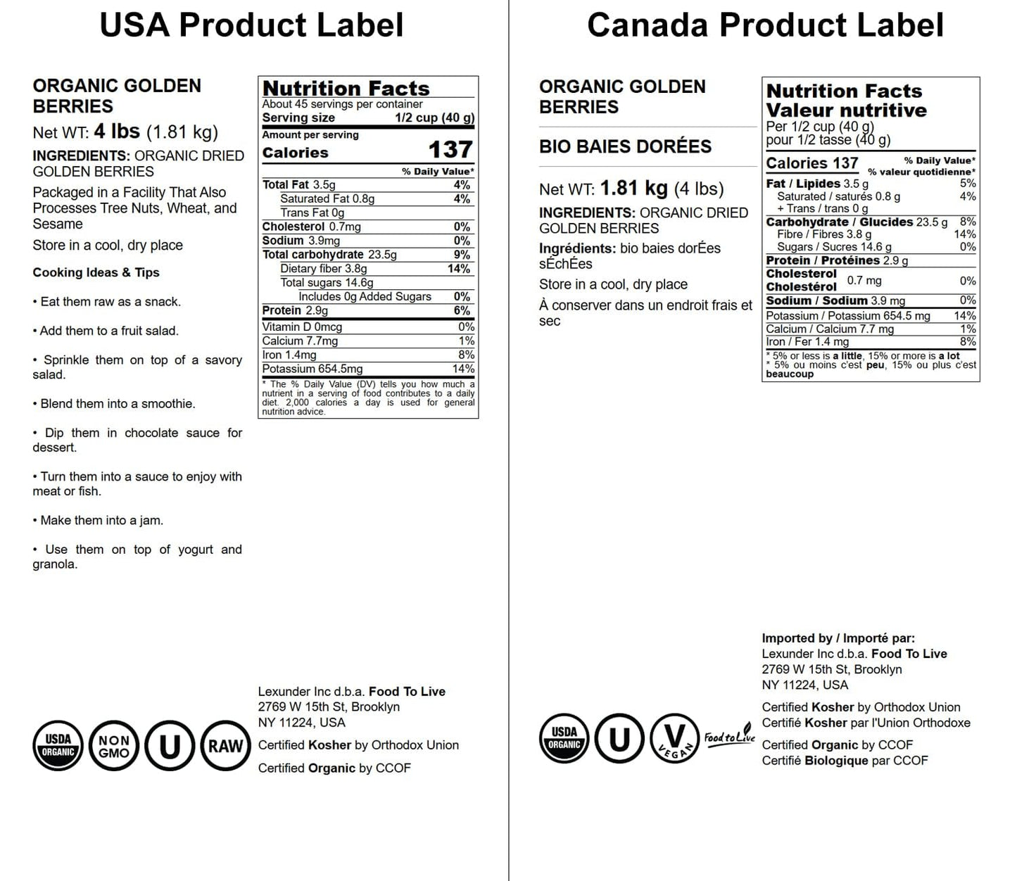 Food to Live Organic Golden Berries, Non-GMO, Unsweetened, 4 Pound Pack, Vegan, Bulk