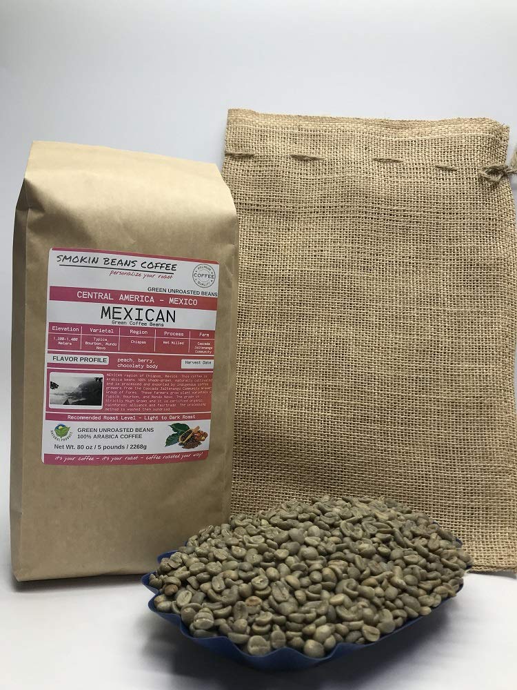 Smokin Beans Mexican Specialty-Grade Green Unroasted Coffee Beans, 80 Ounce, Finca Nextlalpa, Altura Grade, Chocolate & Nut Flavor