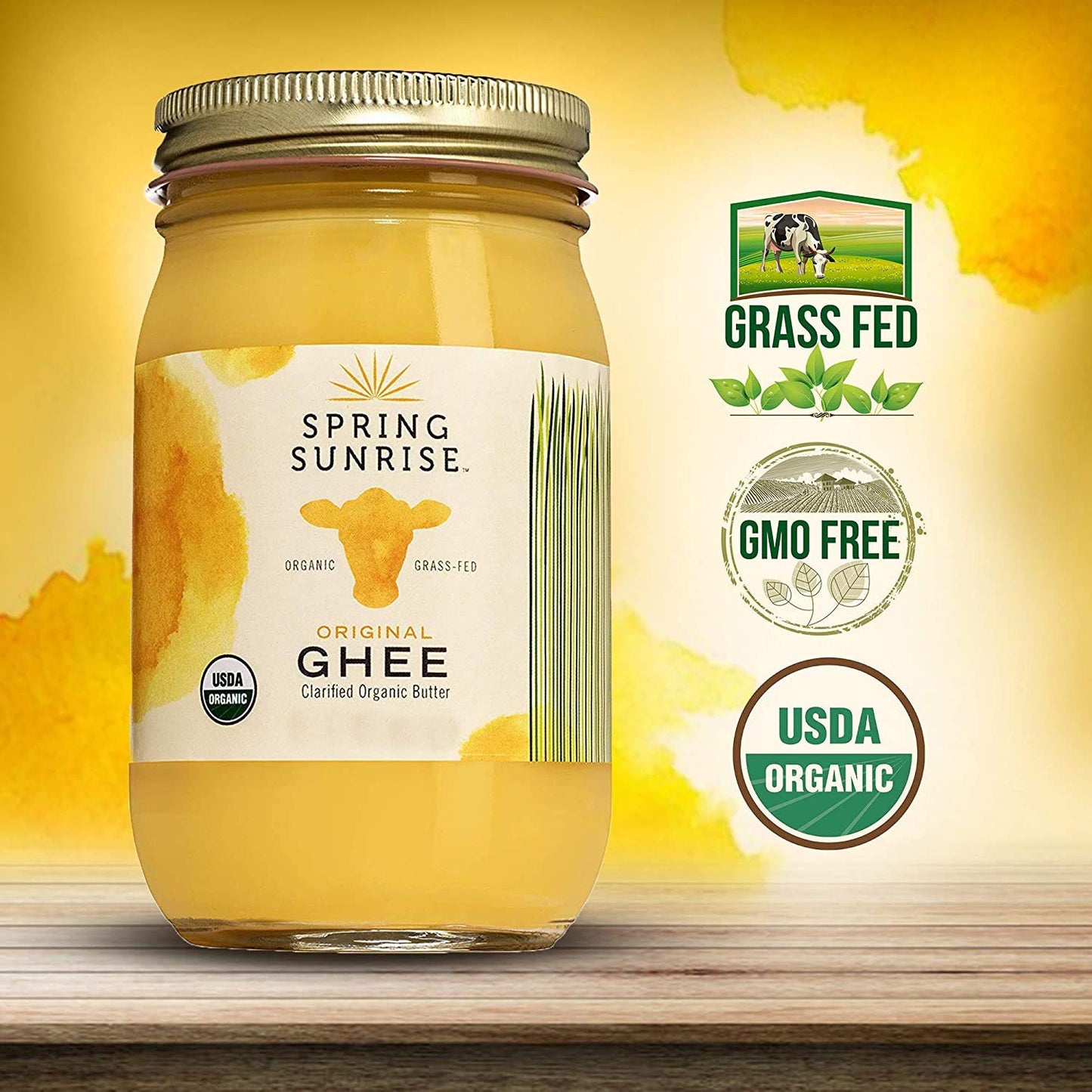 Spring Sunrise Organic Grass Fed Ghee Butter - Usda Certified Organic Clarified Butter - Paleo, Keto Friendly, Non-Gmo, Gluten, & Casein Free Cooking Oil - Sustainably Sourced (2 Pack, 32Oz Jar)