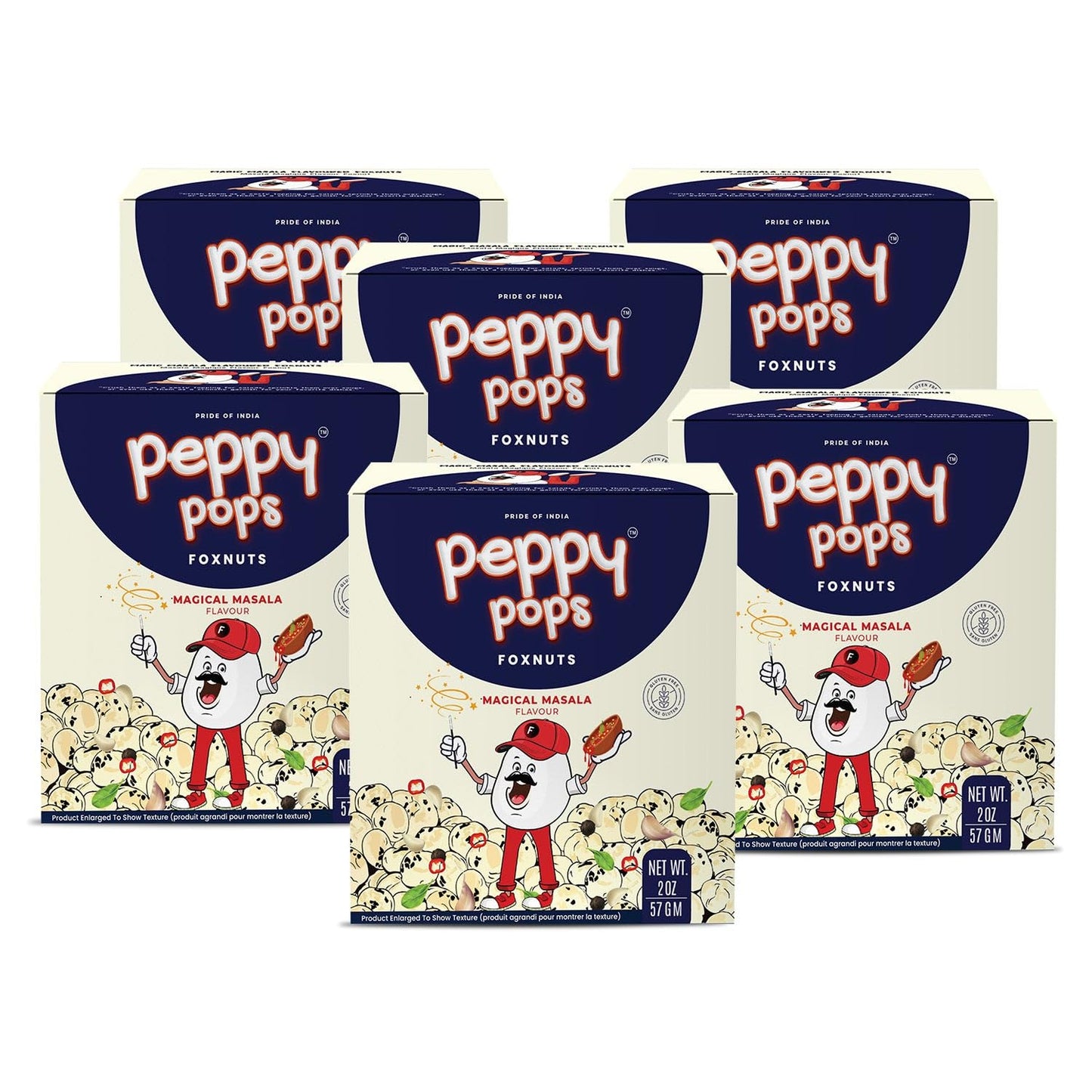 Peppy Pops | PACK OF 6, Magical Masala Roasted Foxnuts 2 oz (57 gm) - Crunchy Makhana Snack, Vegan Gluten Free Protein Snack Pac