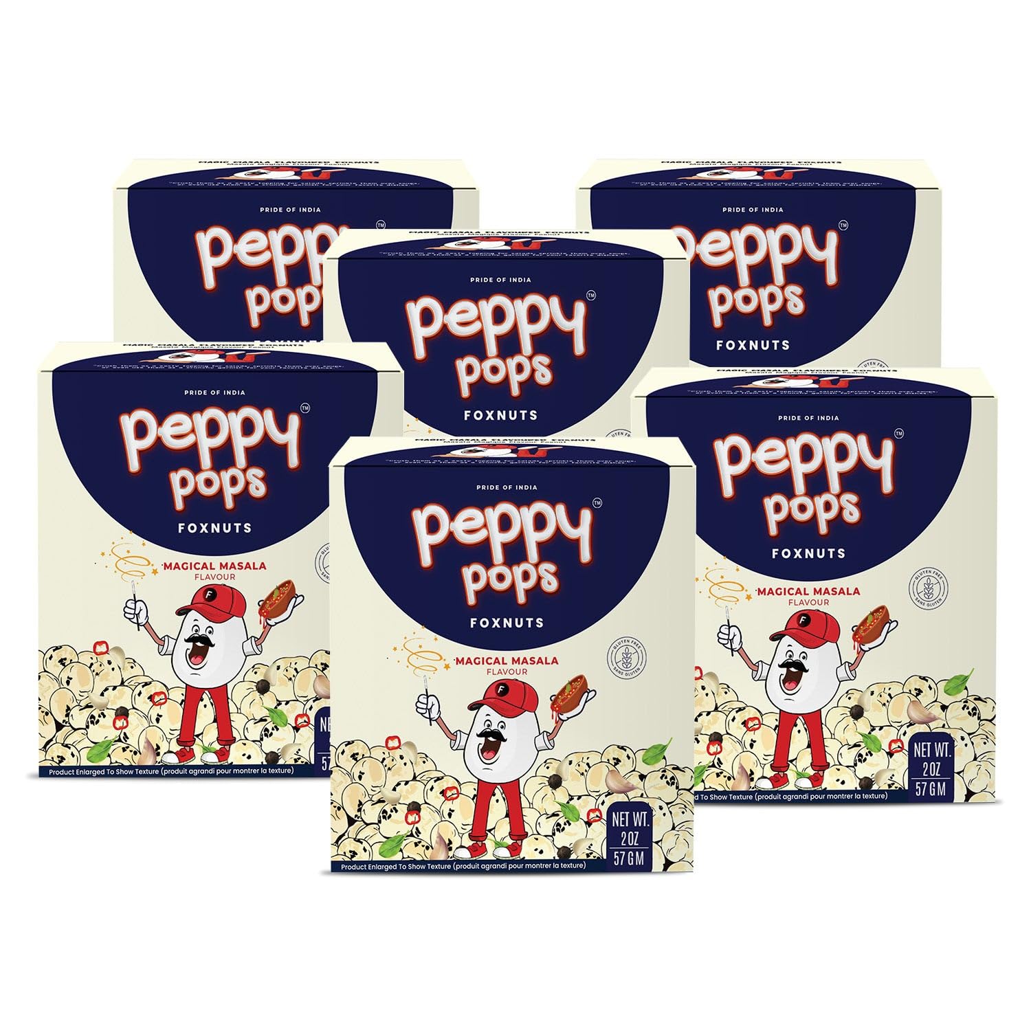 Peppy Pops | PACK OF 6, Magical Masala Roasted Foxnuts 2 oz (57 gm) - Crunchy Makhana Snack, Vegan Gluten Free Protein Snack Pac