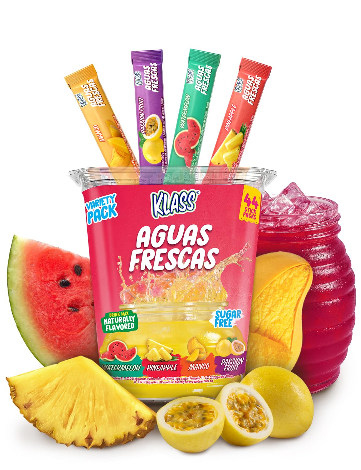 Klass Aguas Frescas Powdered Drink Mix | 44 Sugar Free Powder Packets | Flavors - Mango Watermelon Pineapple & Passionfruit - Wa