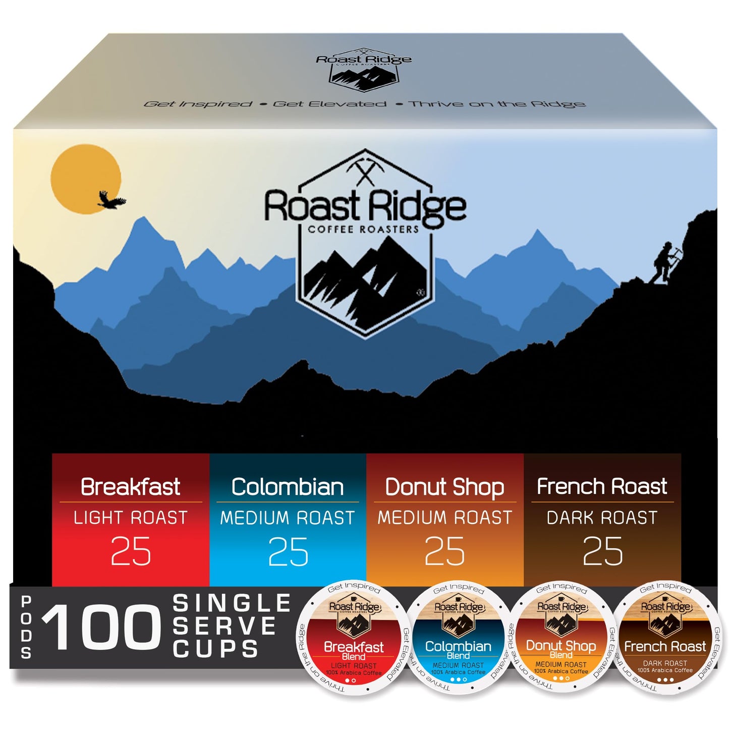 Roast Ridge Single Serve Coffee Pods for Keurig, Variety Pack, 100 Count, Light, Medium & Dark Roast