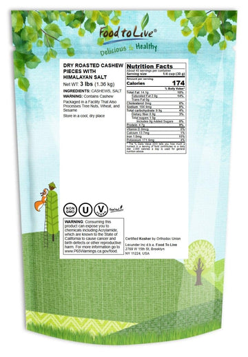 Food to Live Dry Roasted Cashew Pieces, Lightly Salted, Vegan Snack, 3 Pound