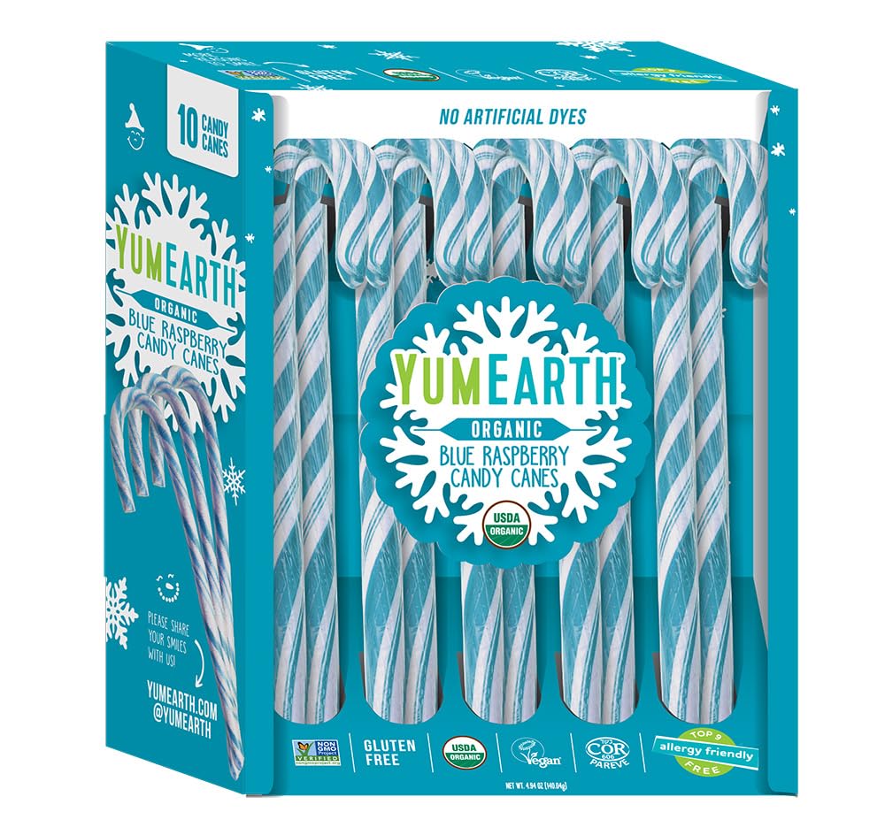 Yumearth Organic Candy Canes - Individually Wrapped Full Size Blue Raspberry Candy Canes - Dye Free, Allergy Friendly, Non Gmo,