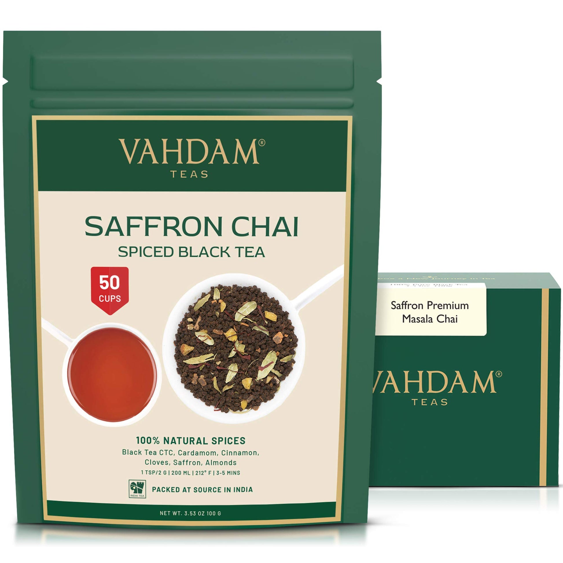 Vahdam, Saffron Tea Loose Leaf (50 Cups) 100 Natural Spices Black Tea, Cardamom, Cinnamon, Clove, Almond, Saffron Spiced Chai Te