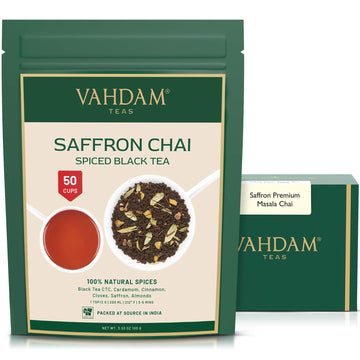 Vahdam, Saffron Tea Loose Leaf (50 Cups) 100 Natural Spices Black Tea, Cardamom, Cinnamon, Clove, Almond, Saffron Spiced Chai Te