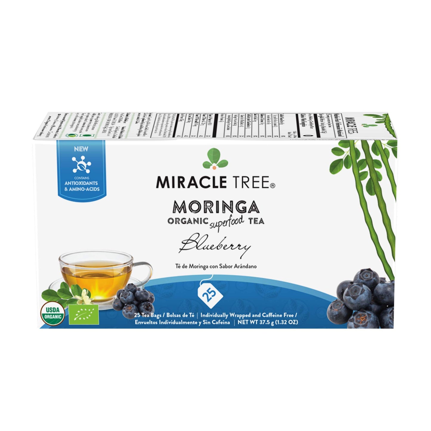Tree Organic Moringa Superfood Tea - 25 Individually Sealed Tea Bags, Blueberry, 6 Count Pack, Vegan, Gluten-Free, Caffeine-Free