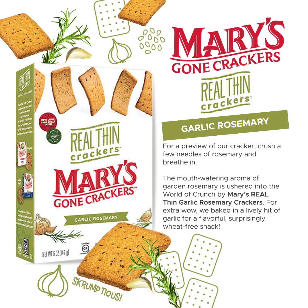 Marys Gone Crackers Real Thin Crackers, Made With Real Organic Whole Ingredients, Gluten Free, Garlic Rosemary, 5 Ounce (Pack Of