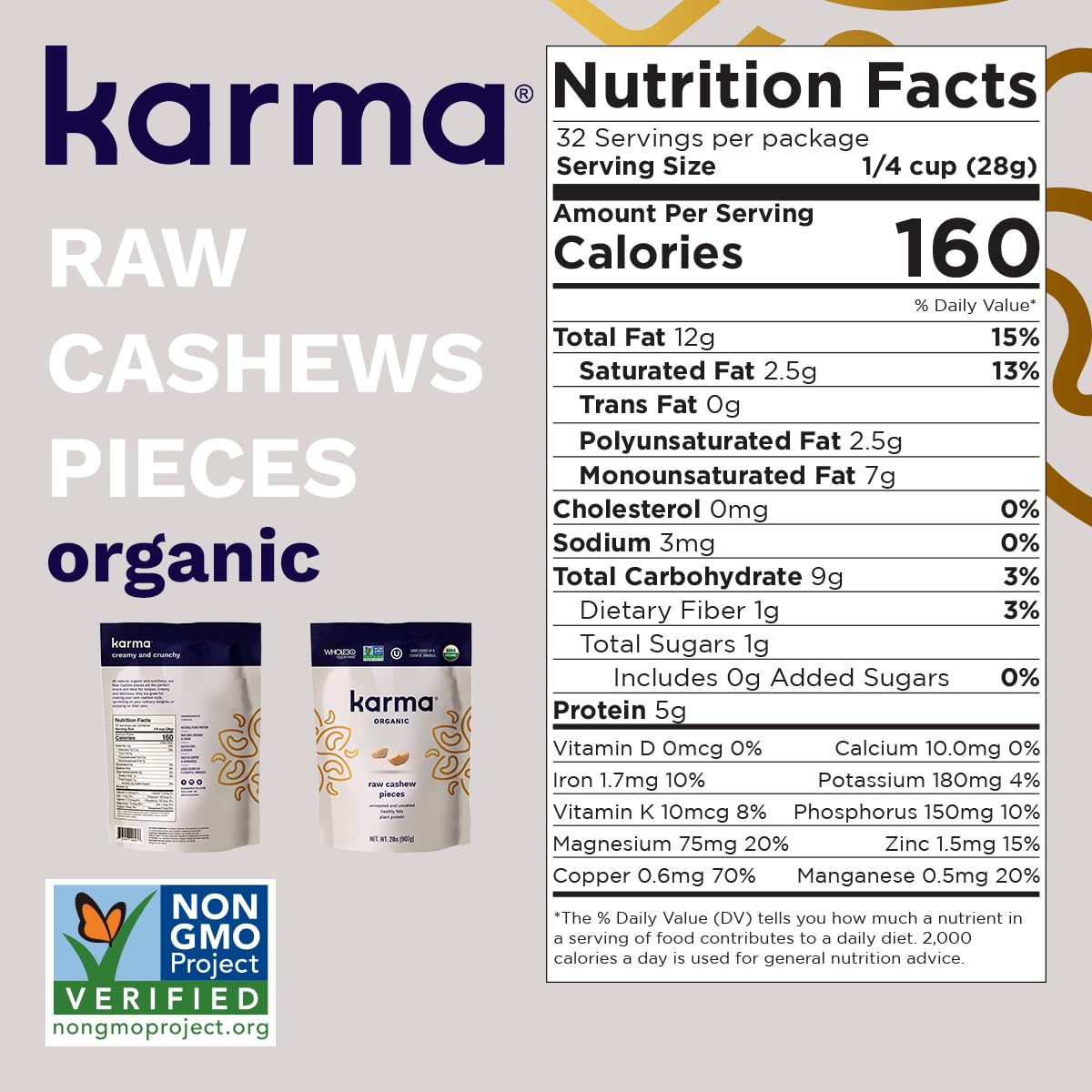 Raw Cashew Pieces By Karma Nuts, Roasted, Vegan, Gluten Free, Low Net Carb, Natural, Everyday Nut Snack, Great For Baking, Resealable Bulk 32Oz Bag