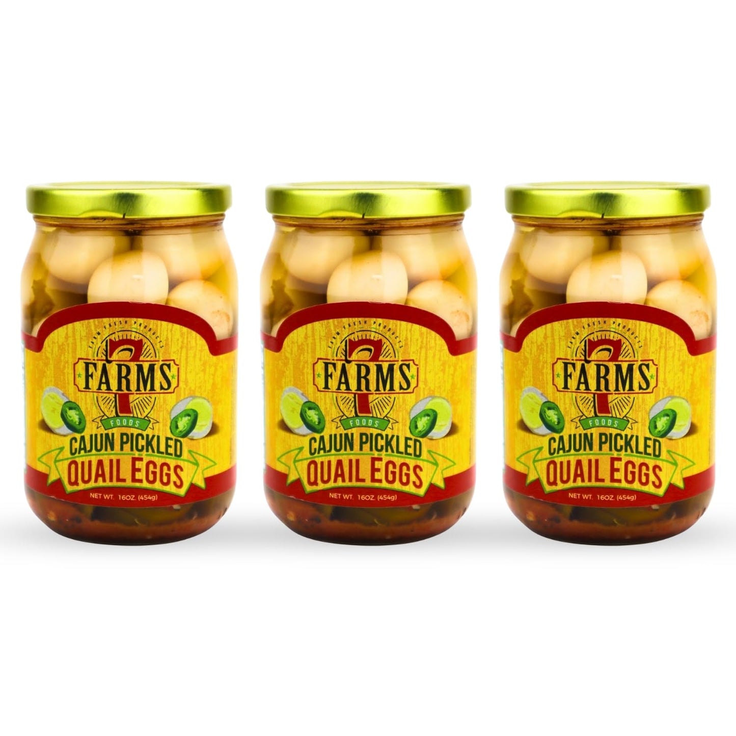 7 Farms Pickled Quail Eggs - Mild, Jalapeno, Sriracha, Cajun Flavors, 3 Pack, 16 Ounce Glass Jars